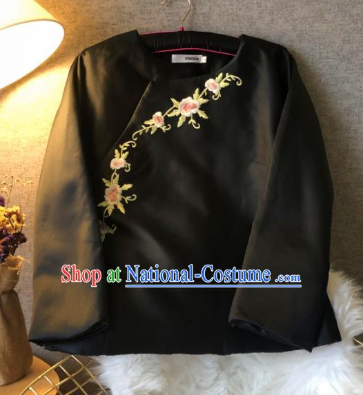 Chinese Traditional National Costume Black Cotton Padded Jacket Embroidered Tang Suit Upper Outer Garment for Women