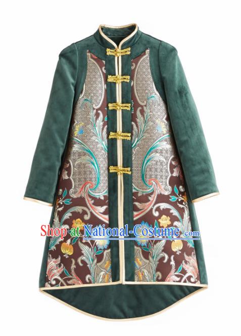 Chinese Traditional National Costume Green Cotton Padded Coat Embroidered Tang Suit Outer Garment for Women