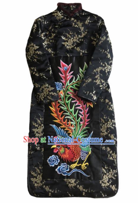 Chinese Traditional National Costume Tang Suit Qipao Dress Embroidered Phoenix Black Cheongsam for Women