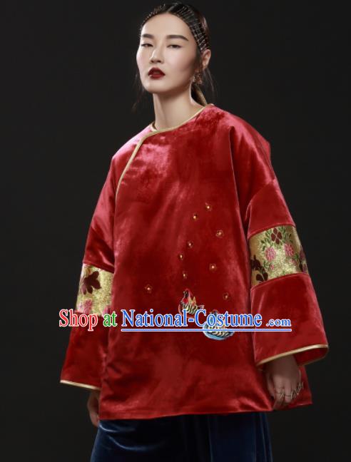 Chinese Traditional National Costume Embroidered Red Velvet Jacket Tang Suit Upper Outer Garment for Women