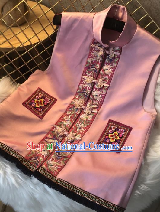 Chinese Traditional National Costume Embroidered Pink Vest Tang Suit Waistcoat Upper Outer Garment for Women