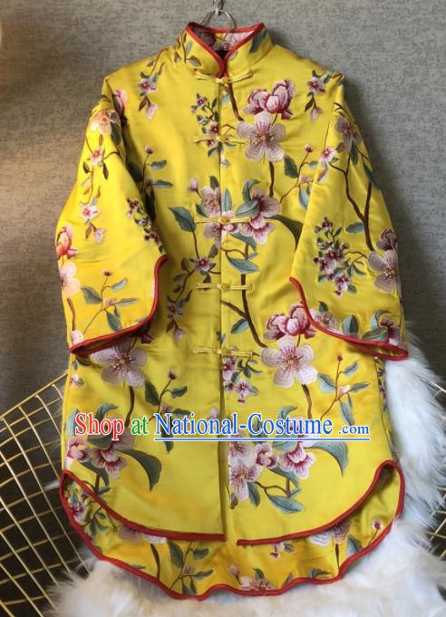 Chinese Traditional National Costume Tang Suit Embroidered Yellow Coat Outer Garment for Women