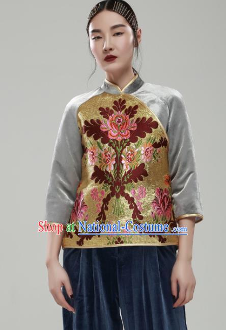 Chinese Traditional National Costume Upper Outer Garment Tang Suit Embroidered Blouse for Women