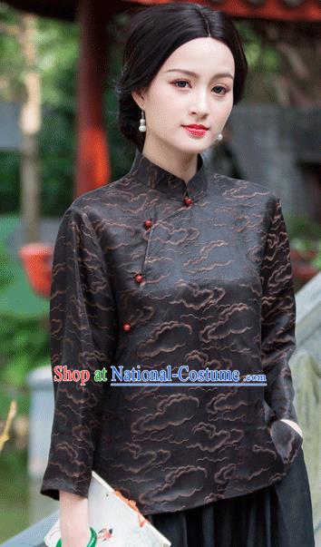 Chinese Traditional Upper Outer Garment National Costume Tang Suit Embroidered Black Blouse for Women