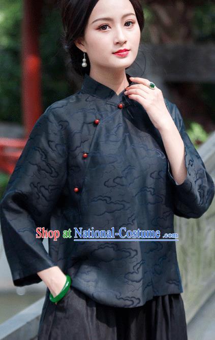 Chinese Traditional Upper Outer Garment National Costume Tang Suit Embroidered Navy Blouse for Women