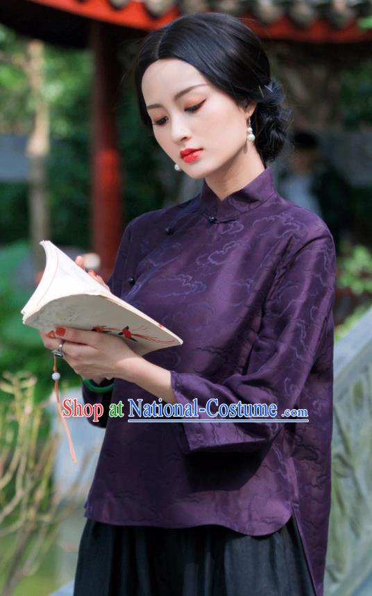 Chinese Traditional Upper Outer Garment National Costume Tang Suit Embroidered Purple Blouse for Women