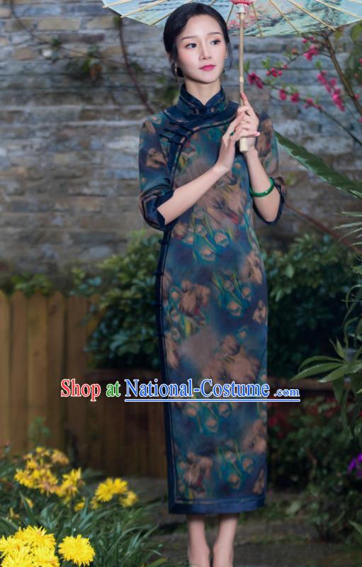 Chinese Traditional National Costume Tang Suit Printing Deep Green Silk Qipao Dress Cheongsam for Women