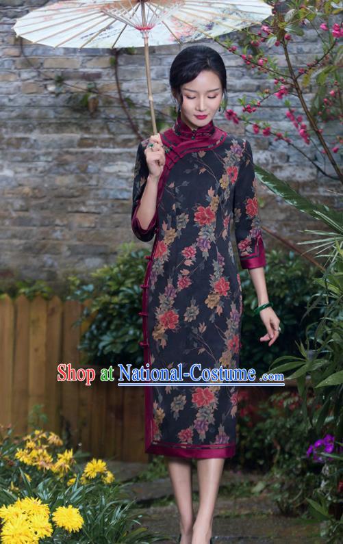 Chinese Traditional National Costume Tang Suit Printing Black Silk Qipao Dress Cheongsam for Women