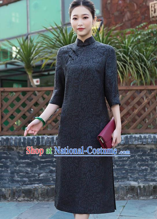 Chinese Traditional Tang Suit Black Qipao Dress National Costume Cheongsam for Women