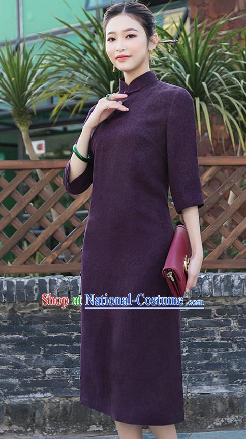 Chinese Traditional Tang Suit Purple Qipao Dress National Costume Cheongsam for Women