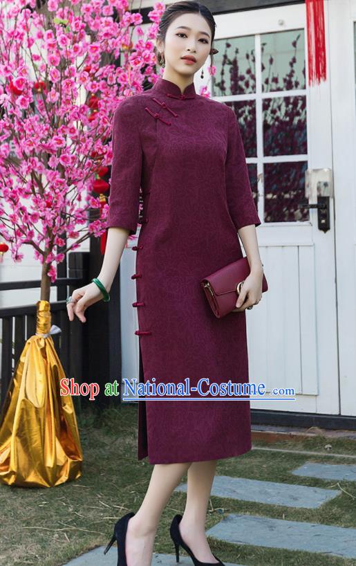 Chinese Traditional Tang Suit Wine Red Qipao Dress National Costume Cheongsam for Women