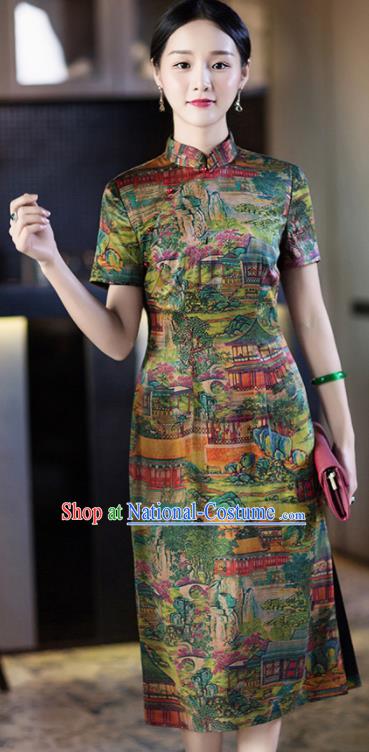 Chinese Traditional Tang Suit Printing Green Silk Qipao Dress National Costume Cheongsam for Women