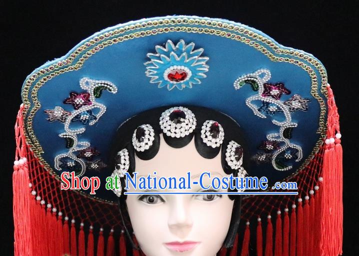 Chinese Ancient Swordswoman Blue Hat Traditional Peking Opera Artiste Headwear for Women