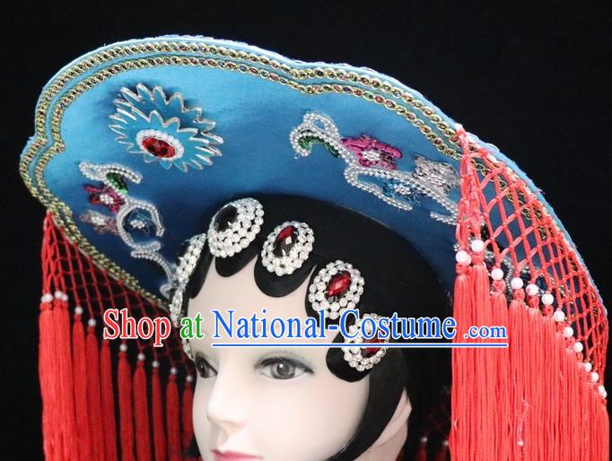 Chinese Ancient Swordswoman Blue Hat Traditional Peking Opera Artiste Headwear for Women