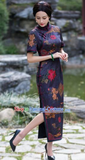 Chinese Traditional National Costume Tang Suit Navy Silk Qipao Dress Cheongsam for Women