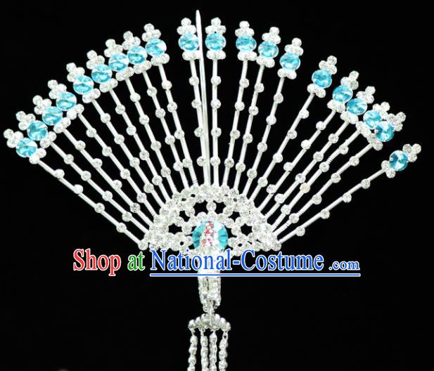 Chinese Ancient Princess Blue Crystal Hairpins Traditional Peking Opera Artiste Headwear for Women