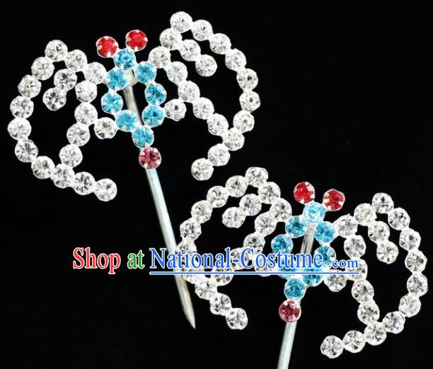 Chinese Ancient Princess Blue Crystal Bats Hairpins Traditional Peking Opera Artiste Headwear for Women