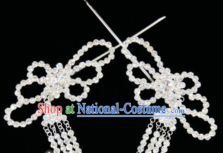 Chinese Ancient Princess White Crystal Tassel Hairpins Traditional Peking Opera Artiste Hair Clips Headwear for Women