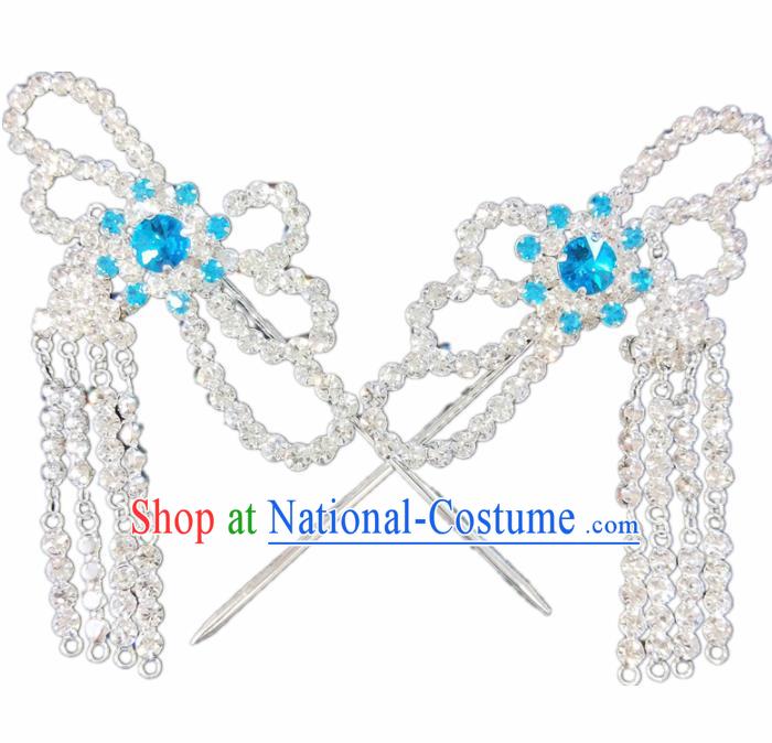 Chinese Ancient Princess Blue Crystal Tassel Hairpins Traditional Peking Opera Artiste Hair Clips Headwear for Women