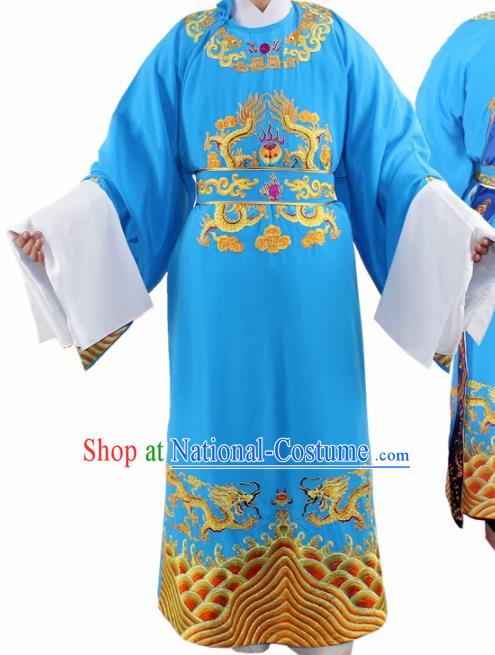 Chinese Ancient Number One Scholar Embroidered Blue Robe Traditional Peking Opera Niche Costume for Men