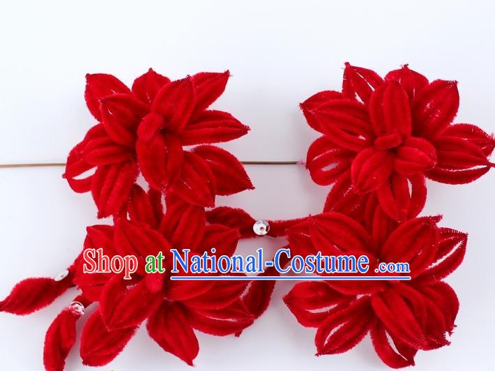 Chinese Ancient Princess Red Velvet Flowers Hairpins Traditional Peking Opera Artiste Headwear for Women