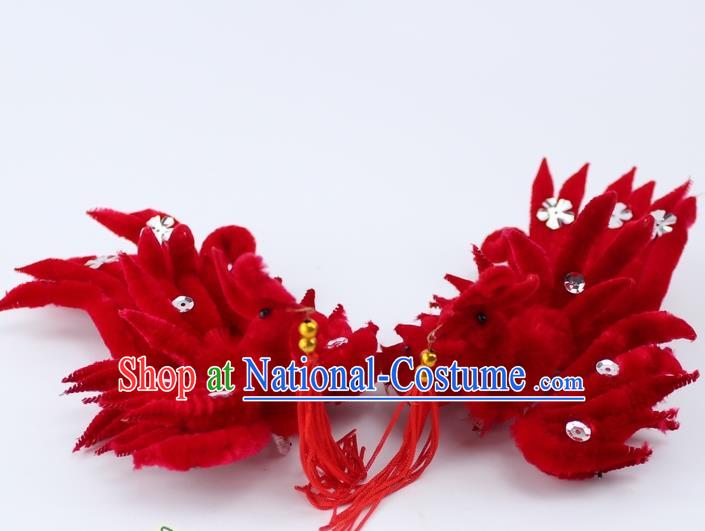 Chinese Ancient Princess Red Velvet Phoenix Tassel Hairpins Traditional Peking Opera Artiste Headwear for Women