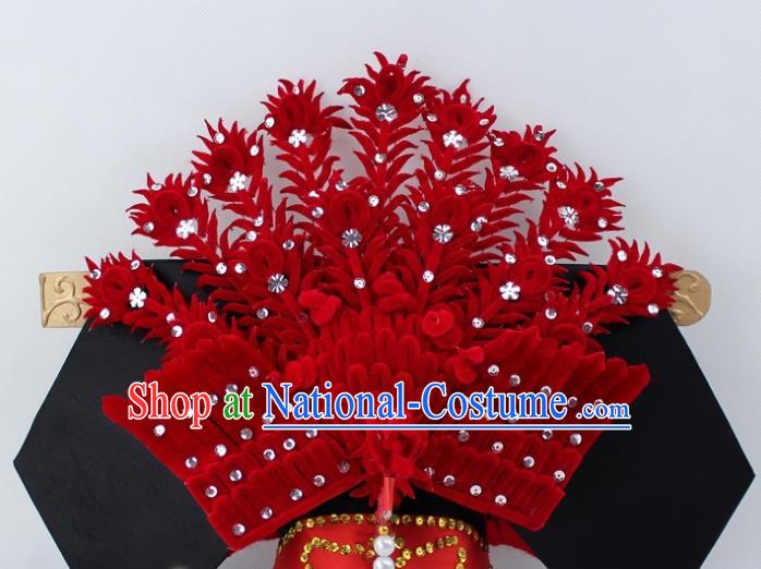 Chinese Ancient Qing Dynasty Queen Red Velvet Phoenix Hairpins Traditional Peking Opera Artiste Headwear for Women