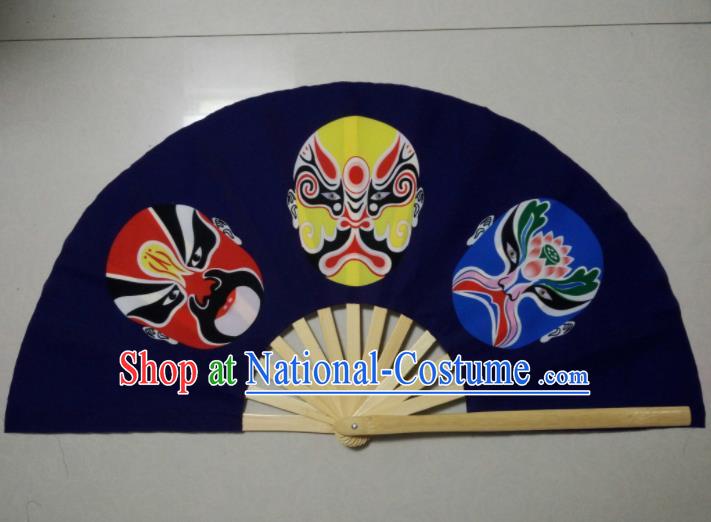 Chinese Traditional Sichuan Opera Blue Fans Handmade Folding Fan for Men