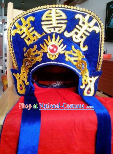 Chinese Traditional Sichuan Opera Headwear Face Changing Royalblue Hat Handmade Helmet for Men