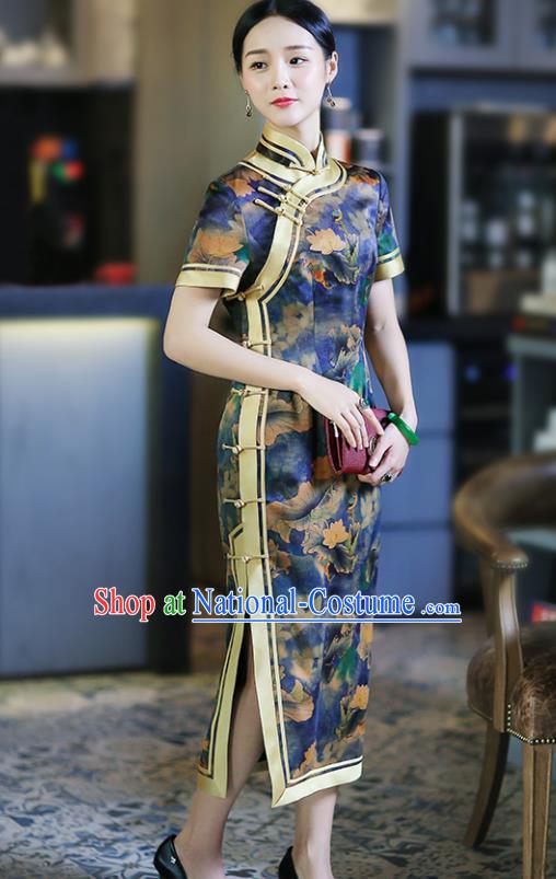 Chinese Traditional Tang Suit Printing Lotus Blue Silk Qipao Dress National Costume Cheongsam for Women