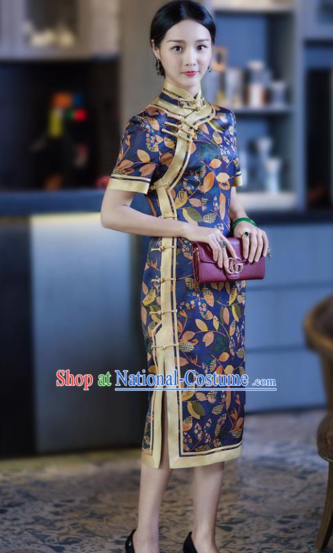 Chinese Traditional Tang Suit Printing Leat Blue Silk Qipao Dress National Costume Cheongsam for Women