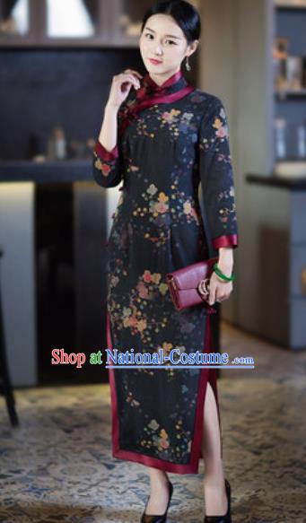 Chinese Traditional Tang Suit Printing Black Silk Qipao Dress National Costume Cheongsam for Women