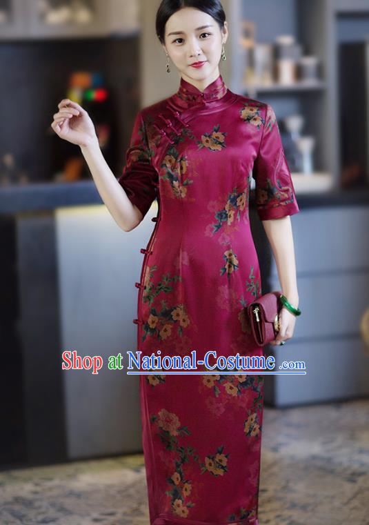 Chinese Traditional Tang Suit Printing Rosy Silk Qipao Dress National Costume Cheongsam for Women