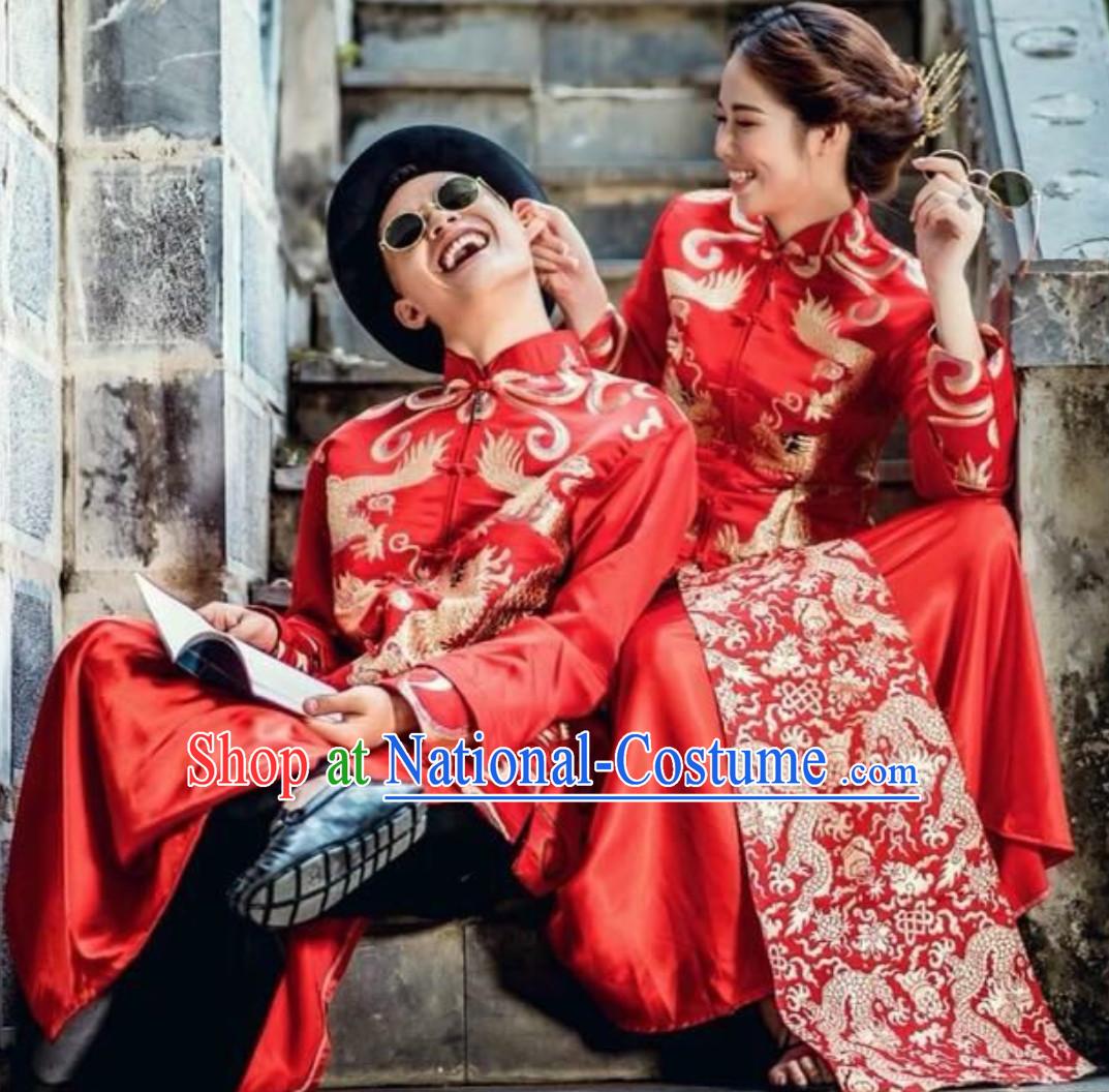 Traditional Vietnam Wedding Dresses Complete Set for Bride and Bridegroom