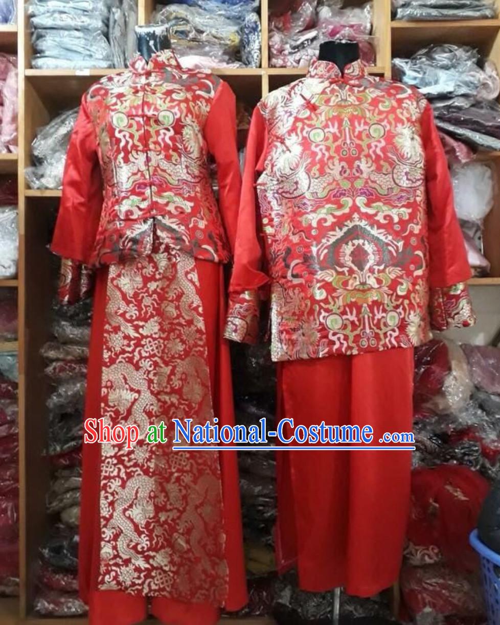 Traditional Vietnam Wedding Dresses Complete Set for Bride and Bridegroom