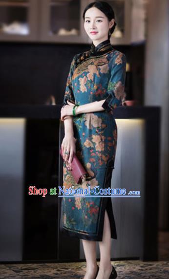 Chinese Traditional Tang Suit Silk Qipao Dress National Costume Printing Cheongsam for Women