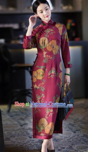 Chinese Traditional Tang Suit Wine Red Qipao Dress National Costume Printing Cheongsam for Women