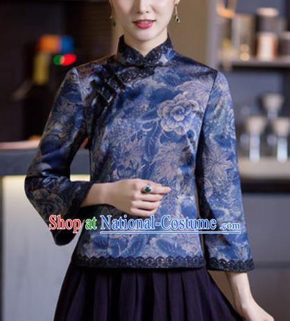 Chinese Traditional Tang Suit Upper Outer Garment Qipao Dress Blue Blouse National Costume for Women