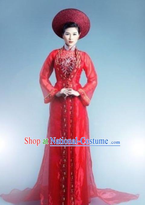 Classical Traditional Vietnam Wedding Dress and Hat Complete Set for Brides