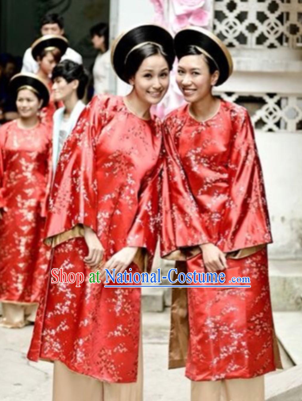 Classical Traditional Vietnam Wedding Dress and Hat Complete Set for Brides