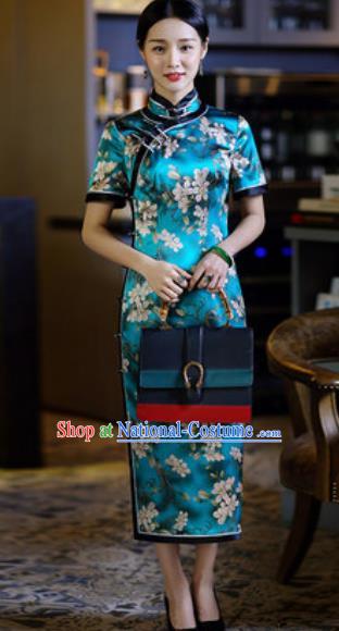 Chinese Traditional Tang Suit Qipao Dress National Costume Printing Green Cheongsam for Women