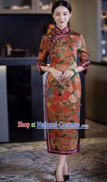 Chinese Traditional Tang Suit Qipao Dress National Costume Printing Orange Cheongsam for Women