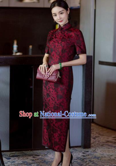 Chinese Traditional Tang Suit Qipao Dress National Costume Purplish Red Silk Cheongsam for Women