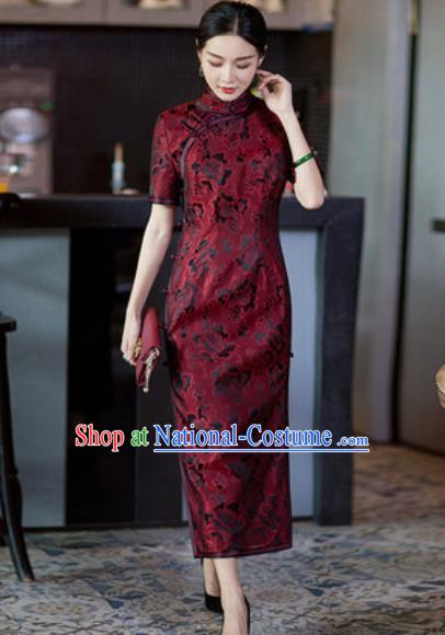 Chinese Traditional Tang Suit Qipao Dress National Costume Red Silk Cheongsam for Women