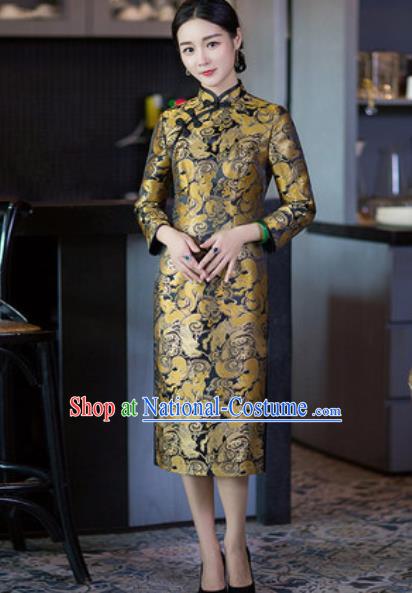 Chinese Traditional Tang Suit Qipao Dress National Costume Golden Silk Cheongsam for Women