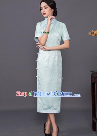 Chinese Traditional Tang Suit Qipao Dress National Costume Light Green Silk Cheongsam for Women