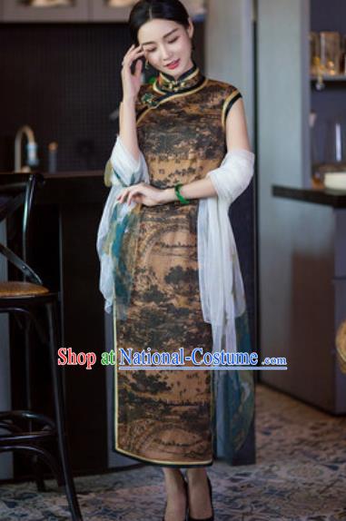 Chinese Traditional Tang Suit Qipao Dress National Costume Brown Silk Cheongsam for Women