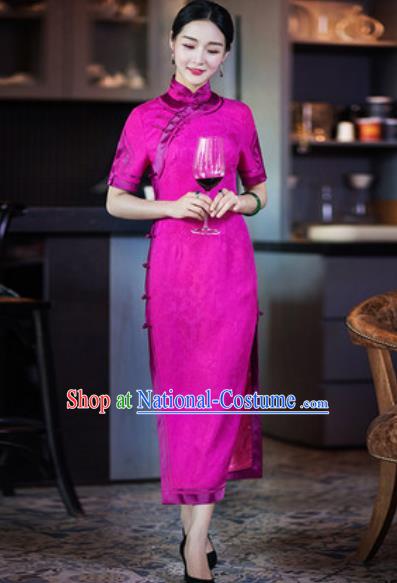 Chinese Traditional Rosy Silk Cheongsam Tang Suit Qipao Dress National Costume for Women