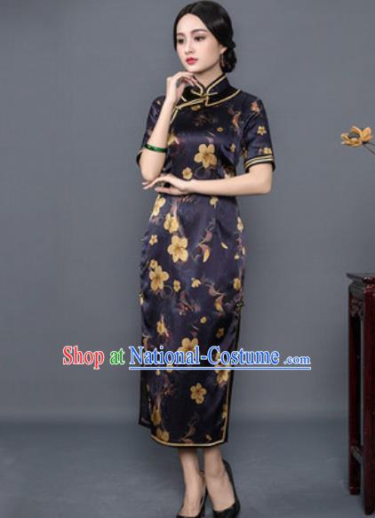 Chinese Traditional Printing Purple Silk Cheongsam Tang Suit Qipao Dress National Costume for Women