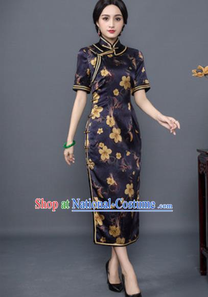 Chinese Traditional Printing Purple Silk Cheongsam Tang Suit Qipao Dress National Costume for Women